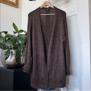 Express Brown Angora Like Sequined Cardigan Sweater Sz L Knit Open Front